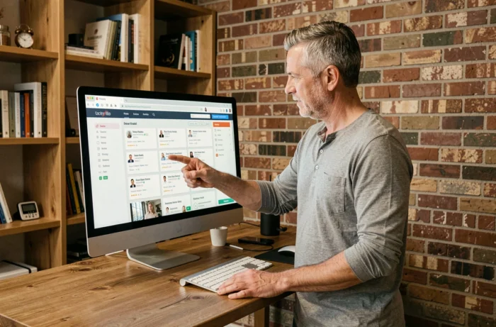 Homme en télétravail consultant la liste complète des pages d'un réseau professionnel sur un grand écran de bureau
