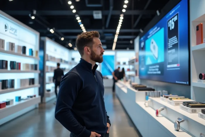 Homme professionnel explorant les tendances web et high-tech dans un magasin d'électronique moderne