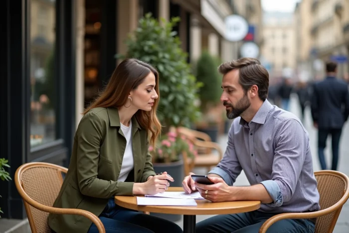 Deux travailleurs indépendants échangeant sur leurs services et activités en terrasse de café à Paris