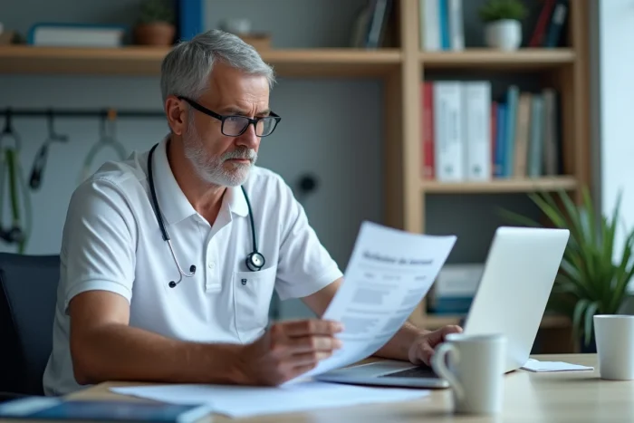 Infirmier libéral consultant une feuille de cotation IDEL à son bureau avec un ordinateur portable et des documents médicaux