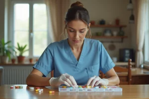 Infirmière libérale préparant un pilulier hebdomadaire au domicile d'un patient, gants en latex et comprimés colorés sur une table en bois