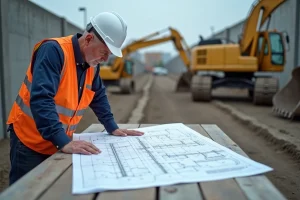 Ingénieur civil consultant un plan de réseau d'assainissement sur un chantier de construction urbain