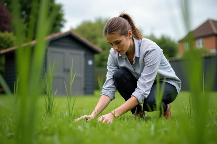 Femme inspectant de près les brins d'herbe humides après la tonte de la pelouse