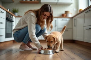 Jeune femme avec chien et bol de croquettes à la maison