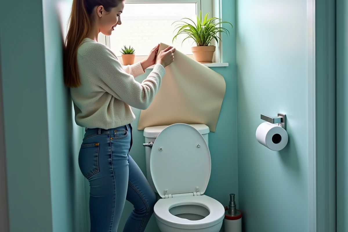 Jeune femme posant de la mousse acoustique dans un petit lavabo