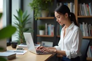 Jeune femme en bureau moderne lisant des articles sur son ordinateur