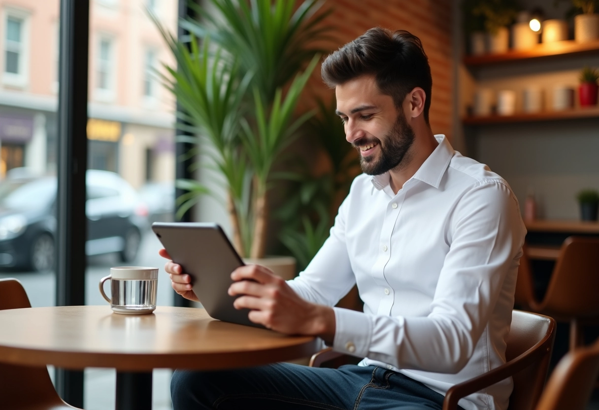 Jeune homme vérifiant ses factures sur une tablette au café