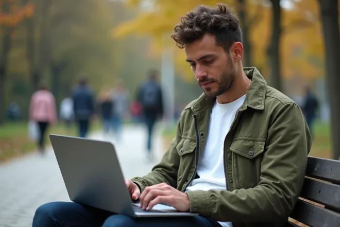 Jeune homme consultant son espace France Travail en ligne depuis un parc après avoir signé un CDI