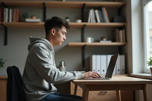 Jeune homme concentré travaillant sur son ordinateur dans un appartement