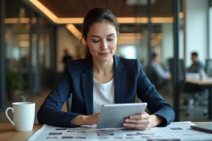 Journaliste professionnelle consultant les actualités du jour dans une salle de rédaction moderne