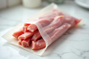 Barquette de lardons ouverte sur un comptoir de cuisine montrant des signes de péremption avec une couleur grisâtre et une texture terne