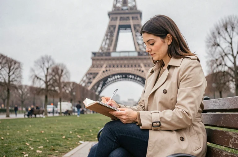 Femme dessinant dans un carnet de croquis devant la Tour Eiffel à Paris, activité de loisir artistique en plein air