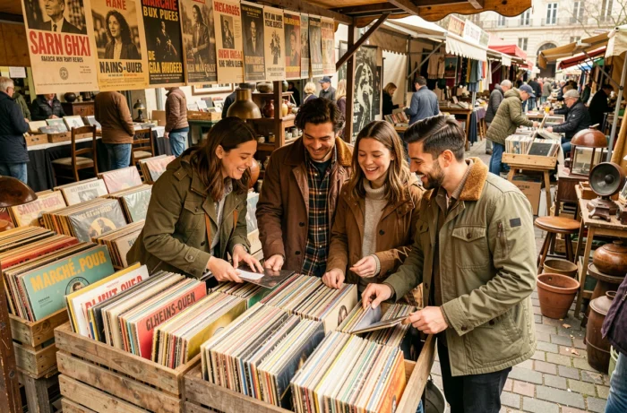 Groupe d'amis explorant les disques vinyles au Marché aux Puces de Saint-Ouen, loisir culturel et vintage à Paris
