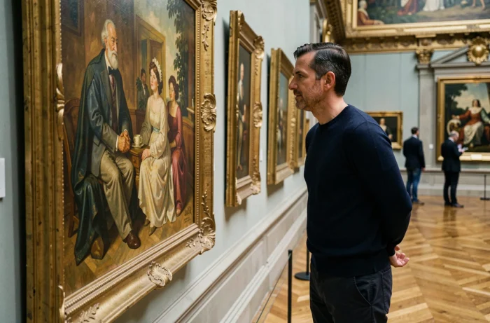 Homme contemplant une peinture impressionniste au Musée d'Orsay à Paris, activité culturelle et artistique incontournable