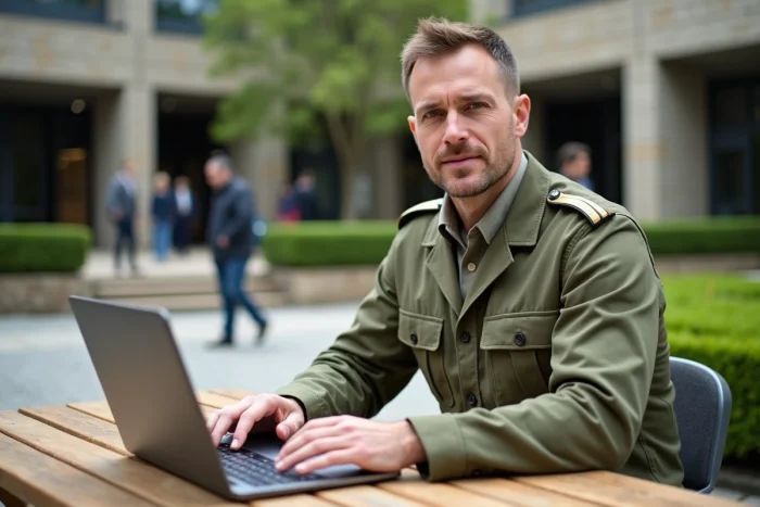 Militaire en transition professionnelle consultant un modèle de CV sur ordinateur portable en extérieur, symbolisant la reconversion et la mise en valeur du service militaire