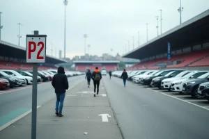 Vue extérieure du parking P2 au Stade de France avec signalétique et voitures garées un jour de match
