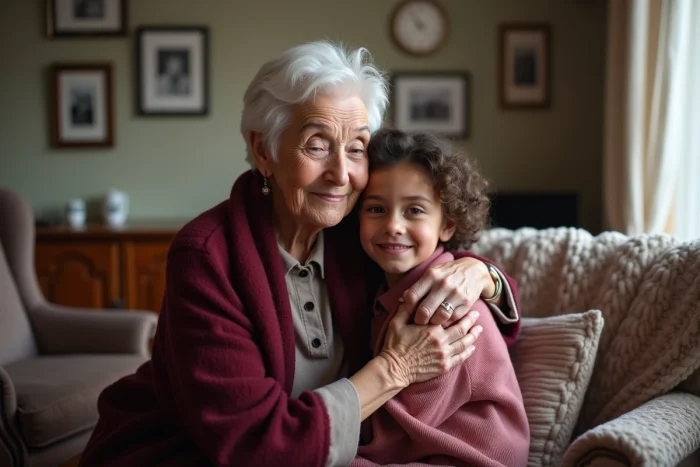 Portrait intime d'une grand-mère et de sa petite-fille joue contre joue dans un salon chaleureux aux photos de famille vintage