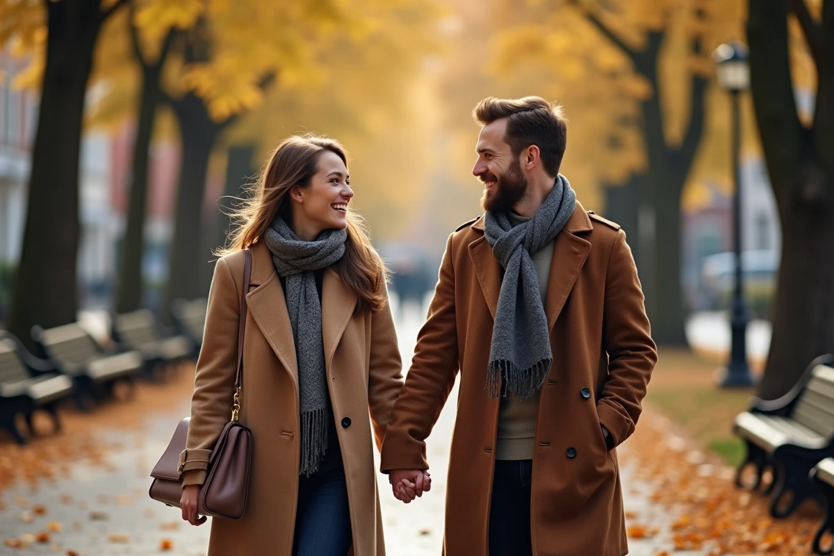 Jeune couple marchant main dans la main dans un parc automnal