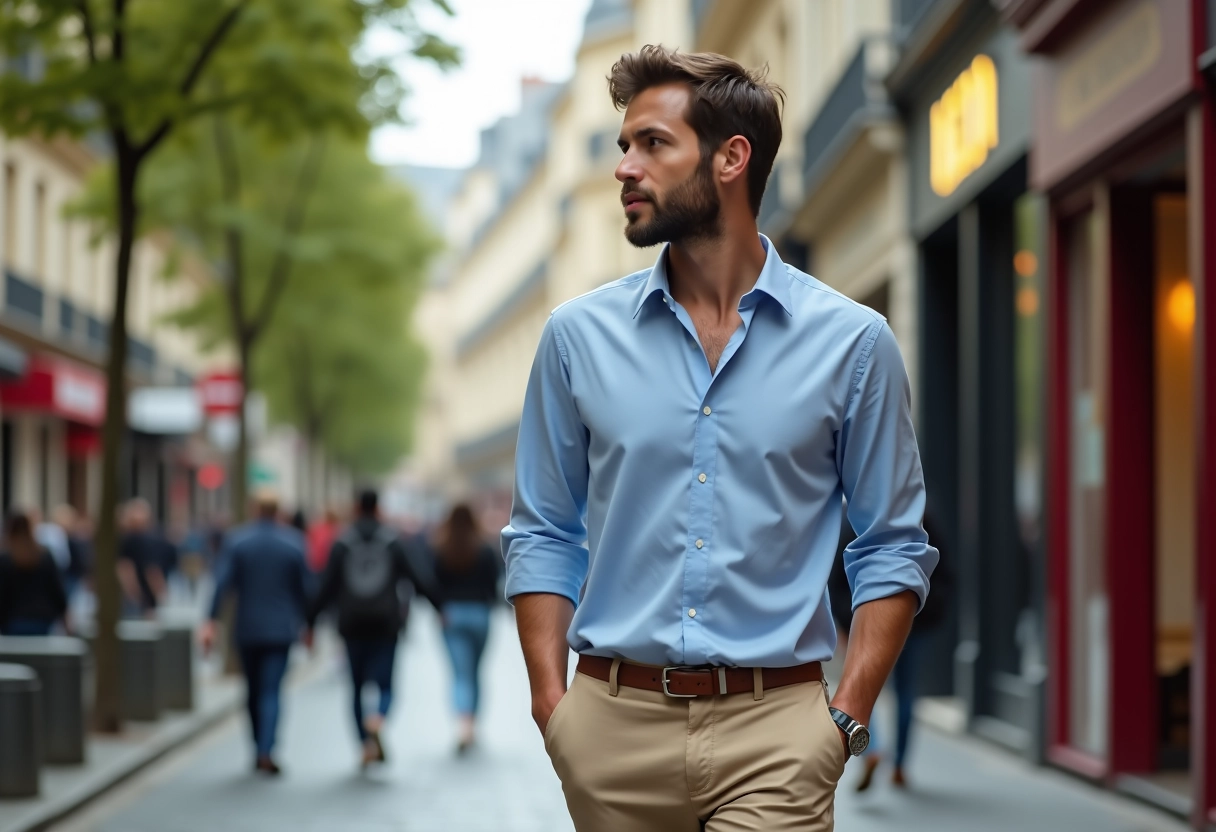 Homme en tenue décontractée marchant dans une rue parisienne