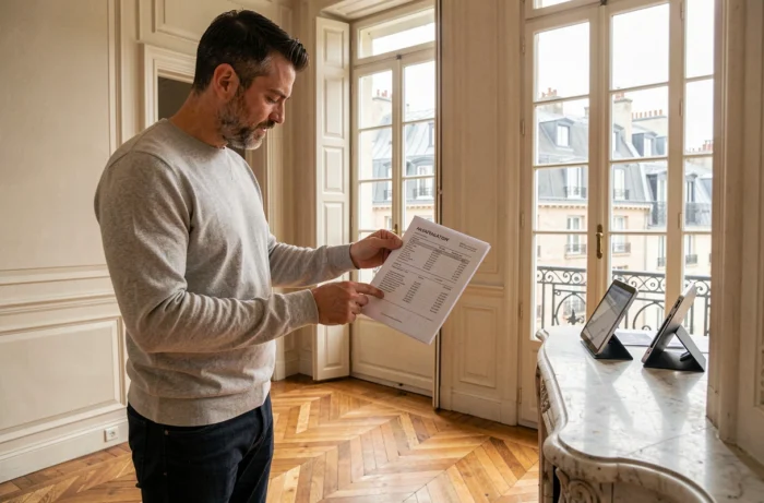 Propriétaire consultant un rapport d'estimation immobilière Terhexagone dans un appartement haussmannien à Lyon