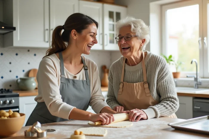 Deux femmes de générations différentes riant ensemble en préparant des biscuits faits maison dans une cuisine familiale lumineuse