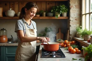 Femme préparant une soupe de légumes maison dans une cuisine de style ferme française avec des herbes fraîches et des légumes colorés