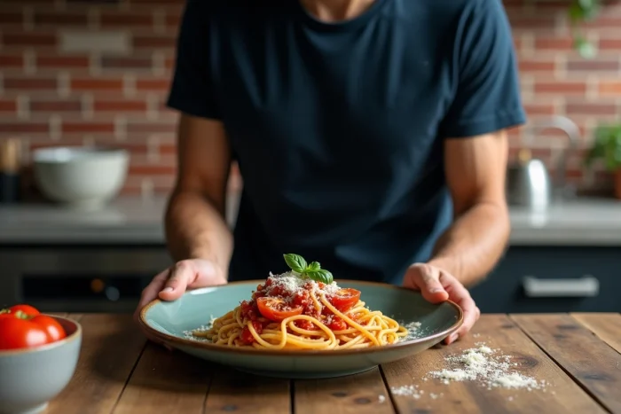 Homme dressant une assiette de pâtes maison avec basilic frais et parmesan sur une table en bois rustique dans un appartement moderne