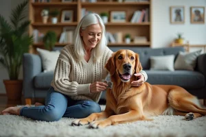 Chien retriever doré allongé sur un tapis avec une femme souriante