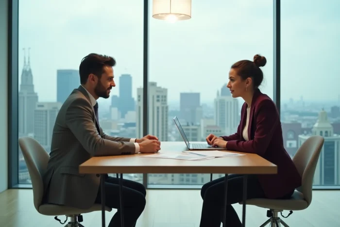 Deux professionnels discutant de conseils d'experts pour développer leur entreprise dans une salle de réunion moderne