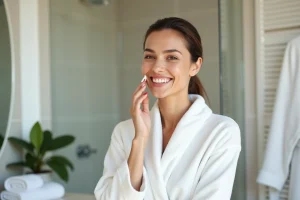 Femme souriante appliquant une creme visage dans sa salle de bain