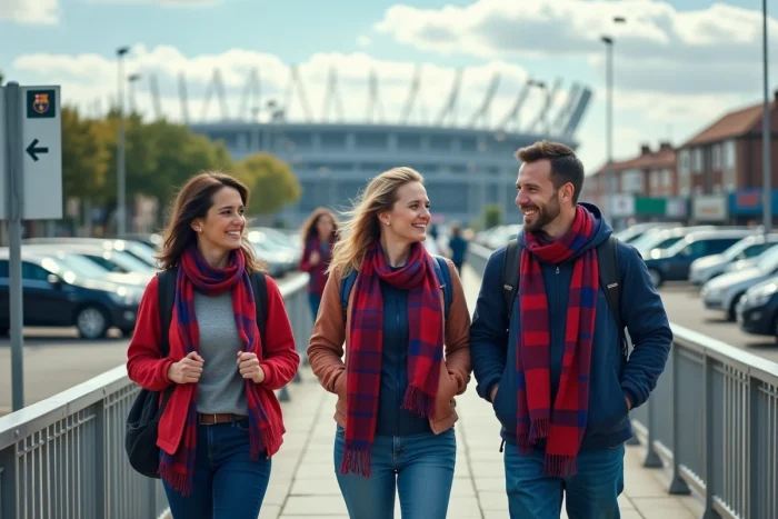 Des supporters marchant depuis le parking P2 vers l'entrée du Stade de France un jour de match