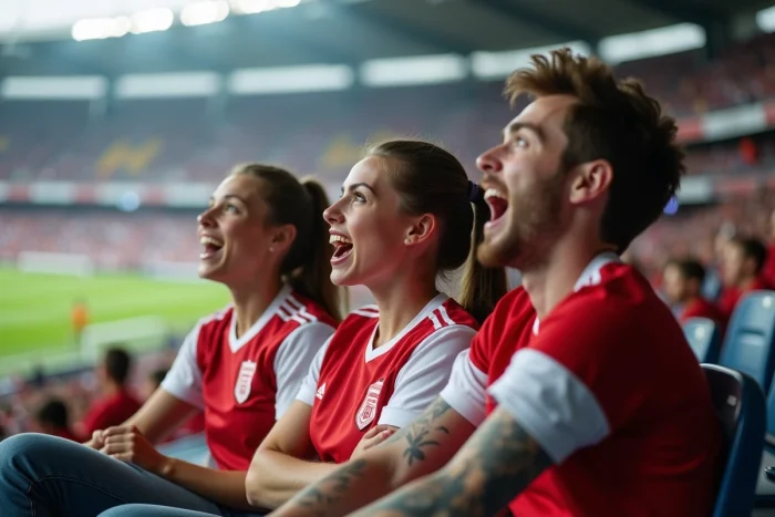 Groupe de supporters passionnés réagissant à un match en direct dans un stade lors d'un événement sportif