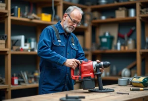 Technicien versé de l'huile dans une perceuse rouge