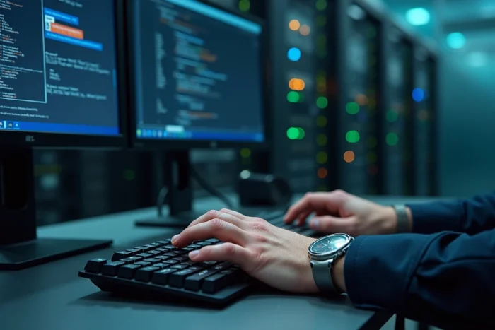 Mains d'un technicien IT naviguant un sitemap Linux sur un poste de travail en salle de serveurs