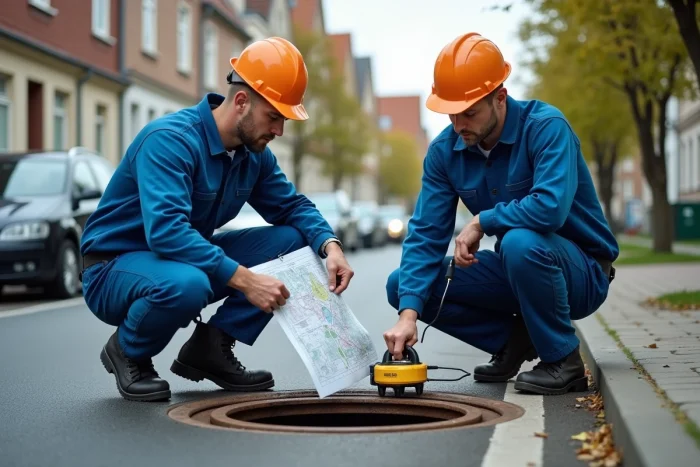 Techniciens localisant des canalisations d'égout avec un détecteur de réseaux et un plan de voirie