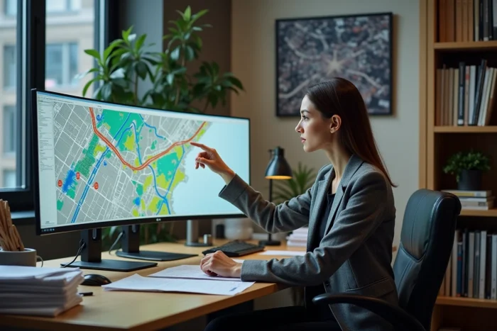 Urbaniste féminine analysant un plan numérique de canalisations tout à l'égout sur logiciel SIG