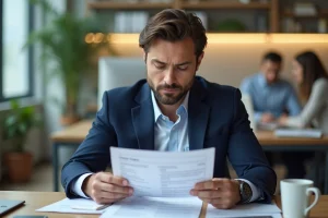 Homme en costume bleu relisant son CV militaire dans un bureau moderne, illustrant la valorisation du service militaire dans une candidature professionnelle