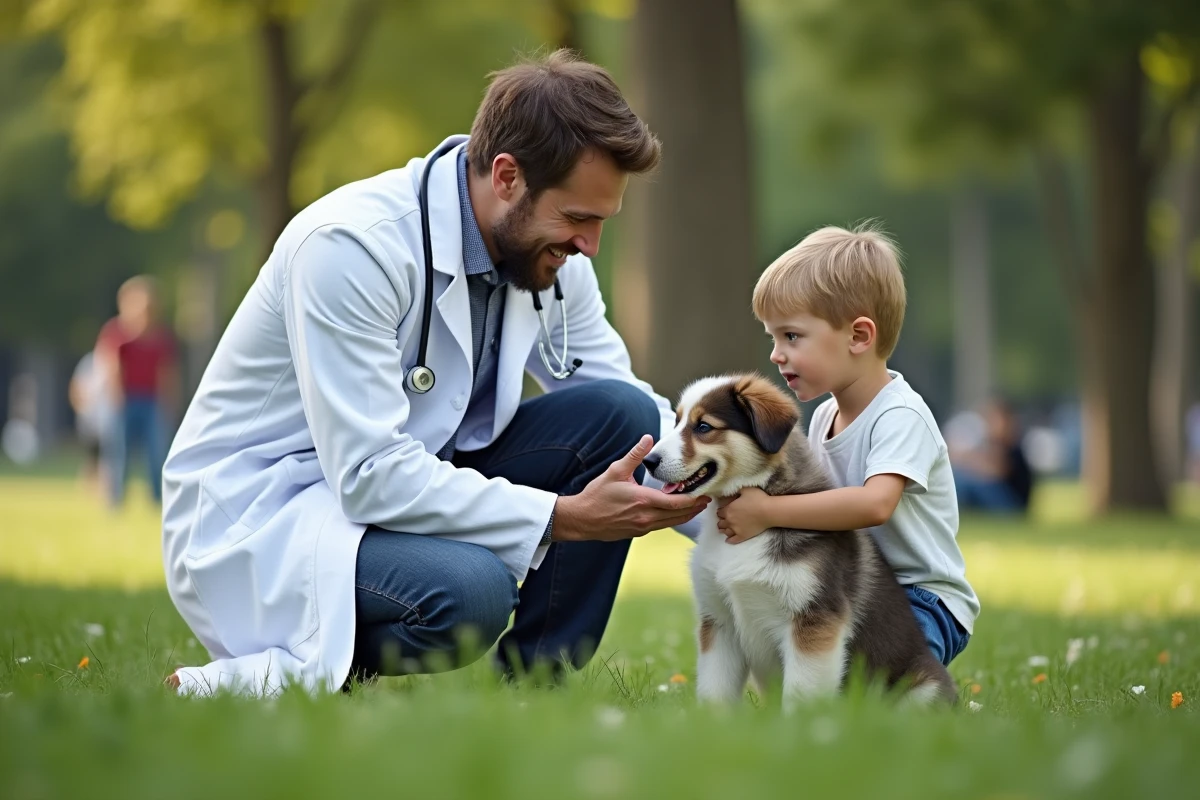Vétérinaire examine chiot dans un parc en famille